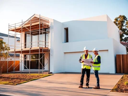 NSW builder reviewing plans outside a freshly painted new build home