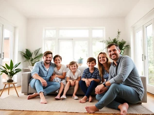 Happy Australian family in a freshly painted bright living room